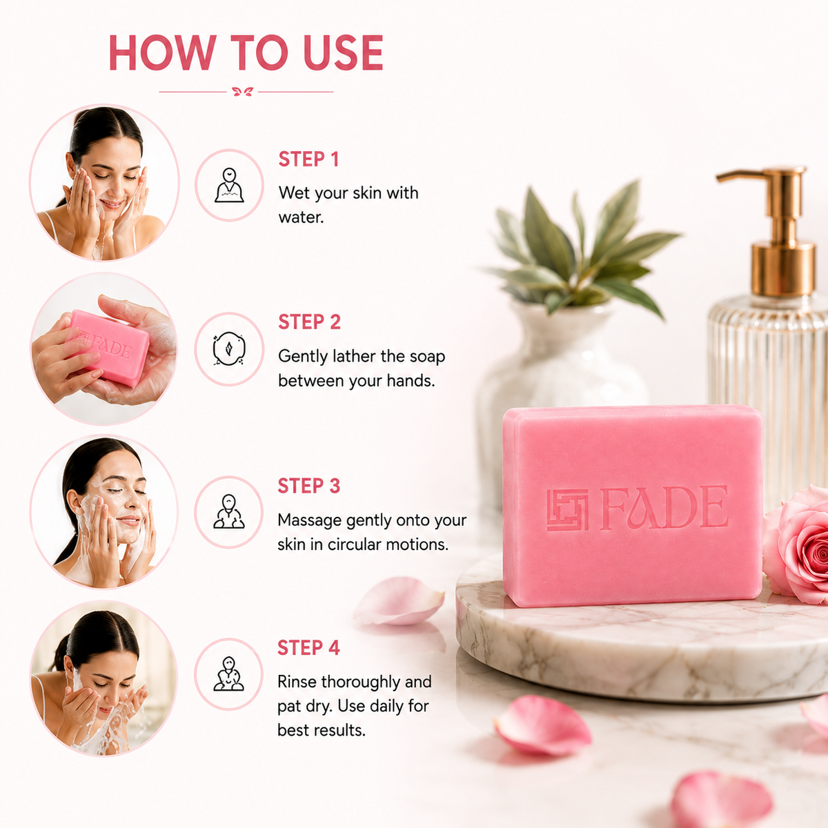 FADE FASHIONS Rose Soap with Goat Milk, Glycerin, Coconut Oil & Castor Oil | Nourishing & Moisturizing Bath Soap | For Men & Women | 100 g