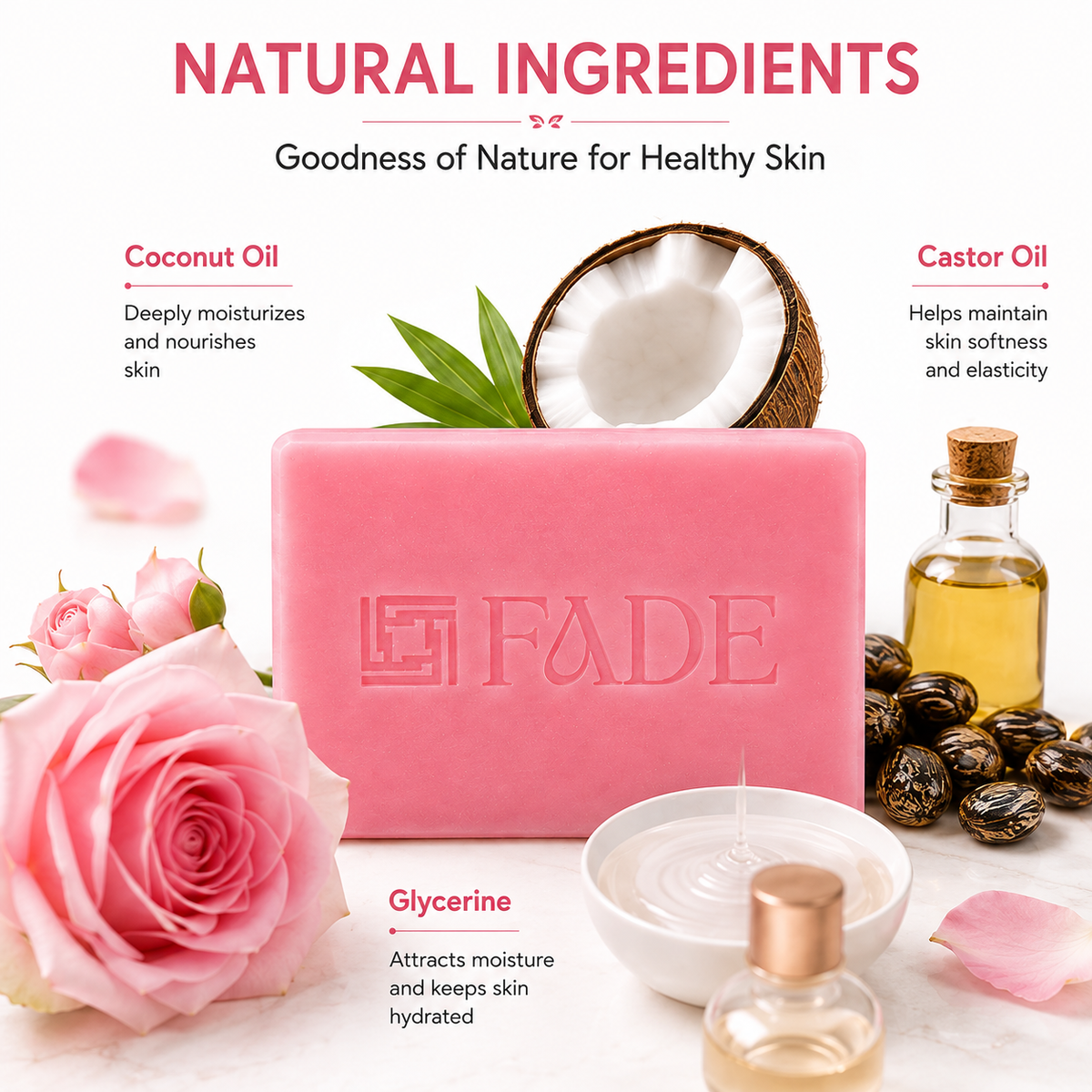 FADE FASHIONS Rose Soap with Goat Milk, Glycerin, Coconut Oil & Castor Oil | Nourishing & Moisturizing Bath Soap | For Men & Women | 100 g