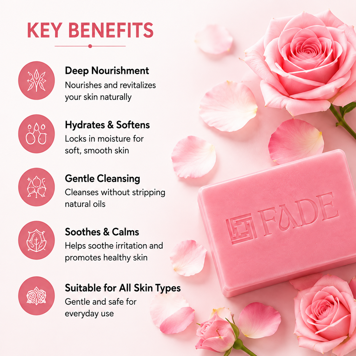 FADE FASHIONS Rose Soap with Goat Milk, Glycerin, Coconut Oil & Castor Oil | Nourishing & Moisturizing Bath Soap | For Men & Women | 100 g