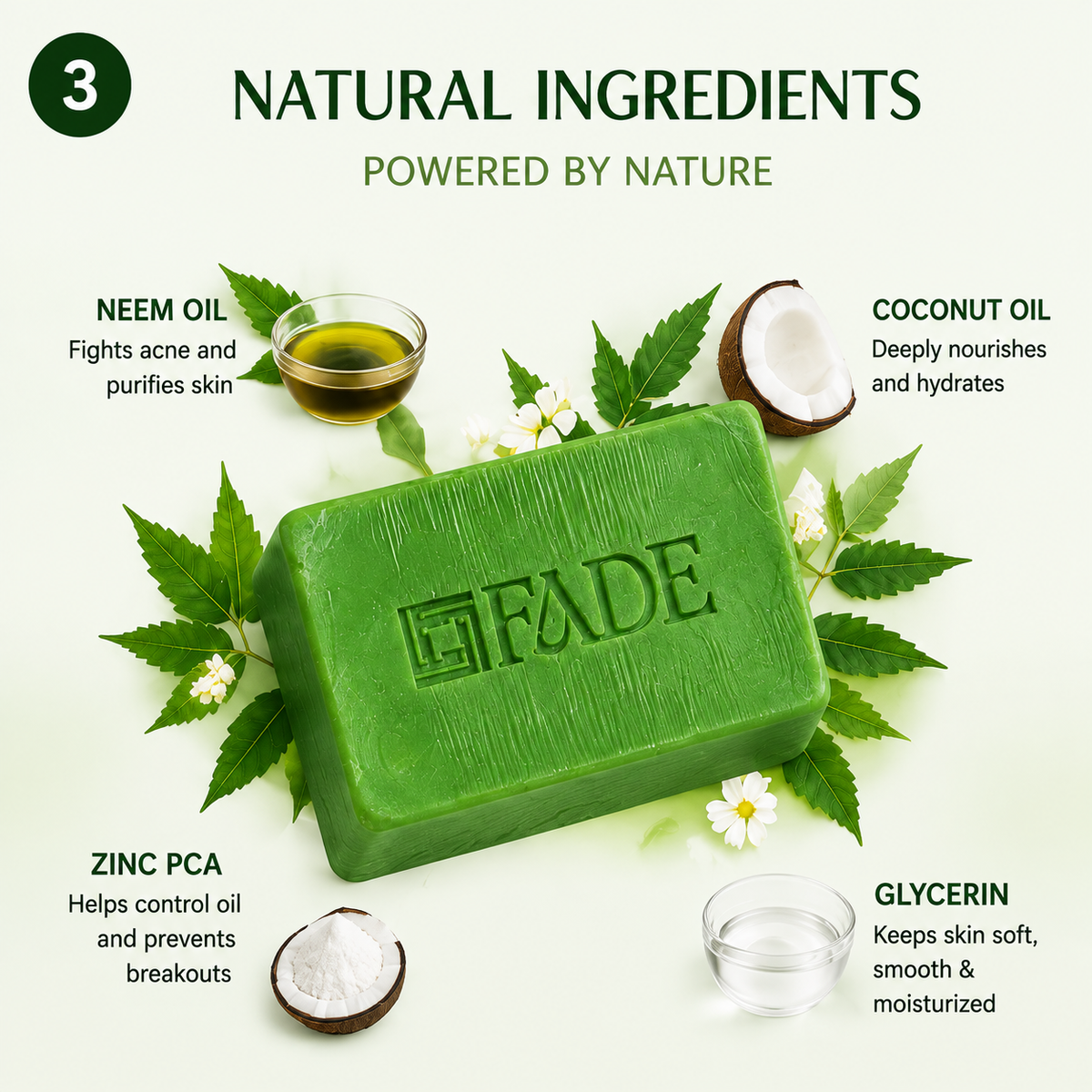 FADE FASHIONS Neem Soap with Neem Powder, Goat Milk, Glycerin, Neem Oil, Coconut Oil, Castor Oil & Zinc PCA | Nourishing & Cleansing Bath Soap | For Men & Women | 100 g