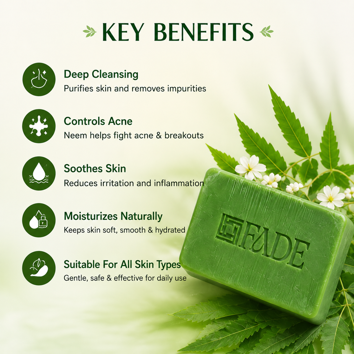 FADE FASHIONS Neem Soap with Neem Powder, Goat Milk, Glycerin, Neem Oil, Coconut Oil, Castor Oil & Zinc PCA | Nourishing & Cleansing Bath Soap | For Men & Women | 100 g