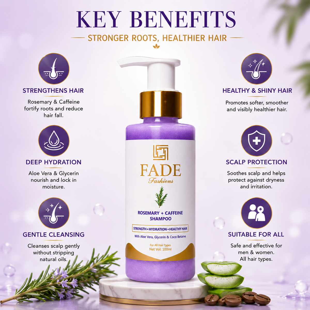 fadefashions.com Rosemary & Caffeine Shampoo | Helps Reduce Hair Fall | Gentle Daily Cleansing | (100 ml)
