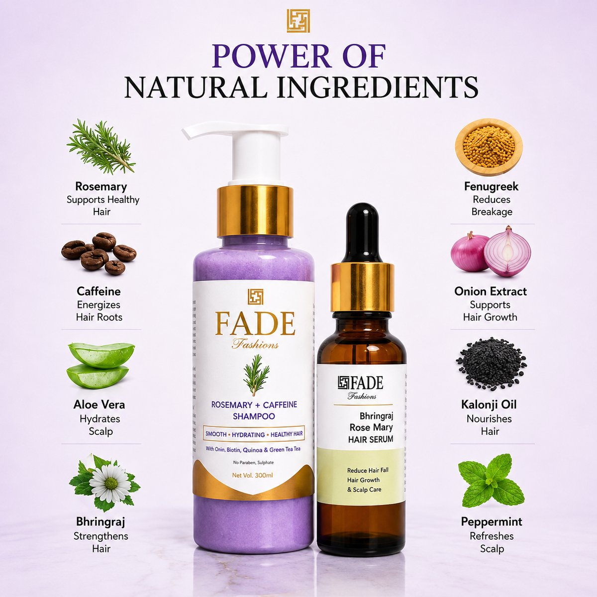 fadefashions.com Hair Care Combo Pack Rosemary + Caffeine Shampoo (100 ml) + Hair Growth Serum (15 ml) Healthy Hair Starts at the Scalp (2 Items in the set)
