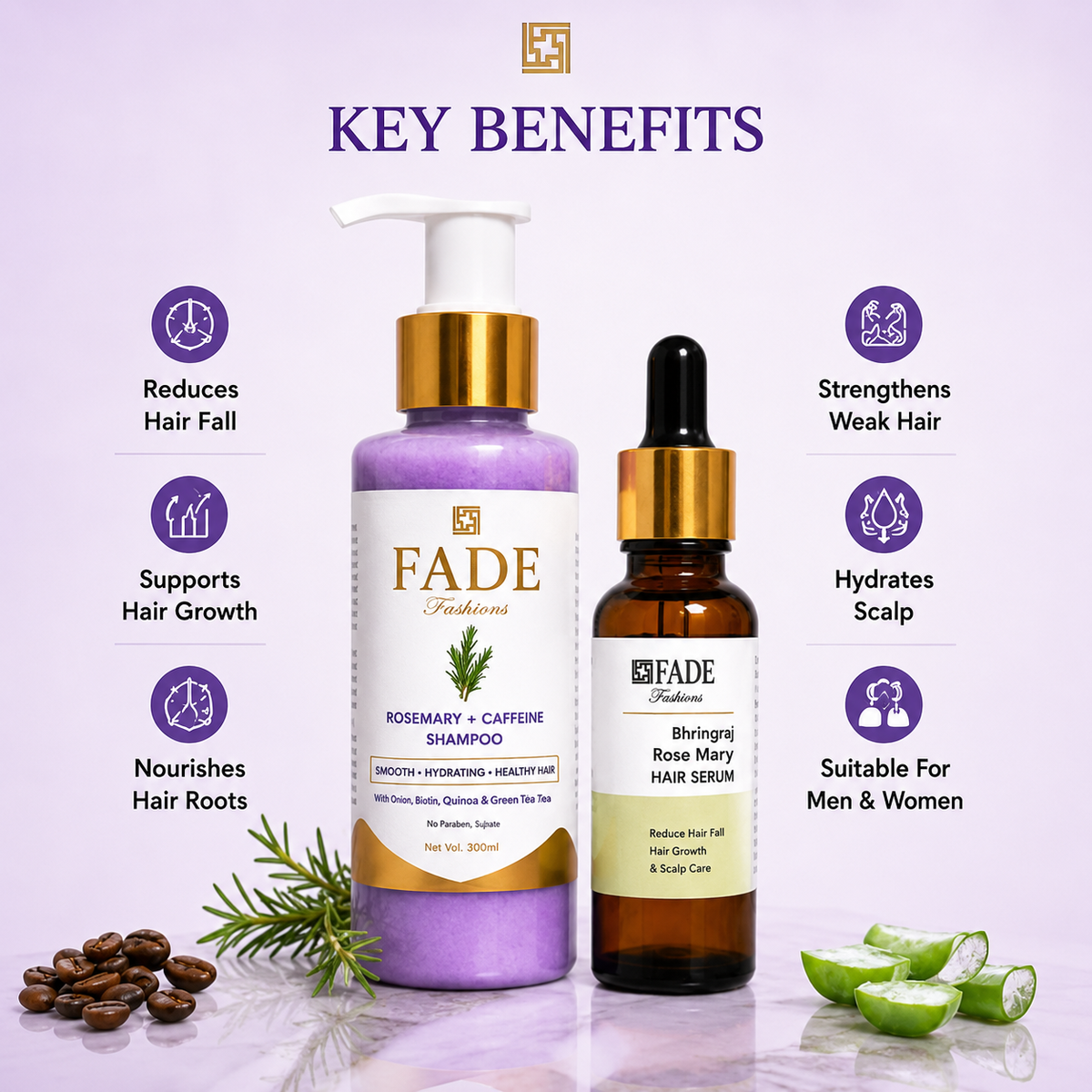 fadefashions.com Hair Care Combo Pack Rosemary + Caffeine Shampoo (100 ml) + Hair Growth Serum (15 ml) Healthy Hair Starts at the Scalp (2 Items in the set)