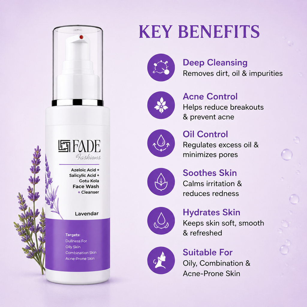 FADE FASHIONS 1% Azelaic Acid + 2% Salicylic Acid + 5% Gotu Kola Face Wash & Cleanser with Lavender | Oil Control & Deep Cleansing | For Men & Women