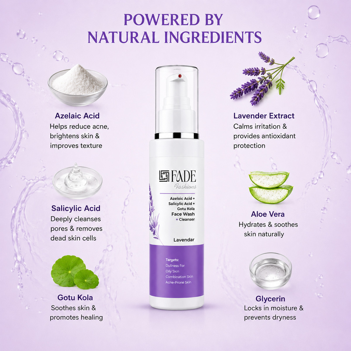 FADE FASHIONS 1% Azelaic Acid + 2% Salicylic Acid + 5% Gotu Kola Face Wash & Cleanser with Lavender | Oil Control & Deep Cleansing | For Men & Women