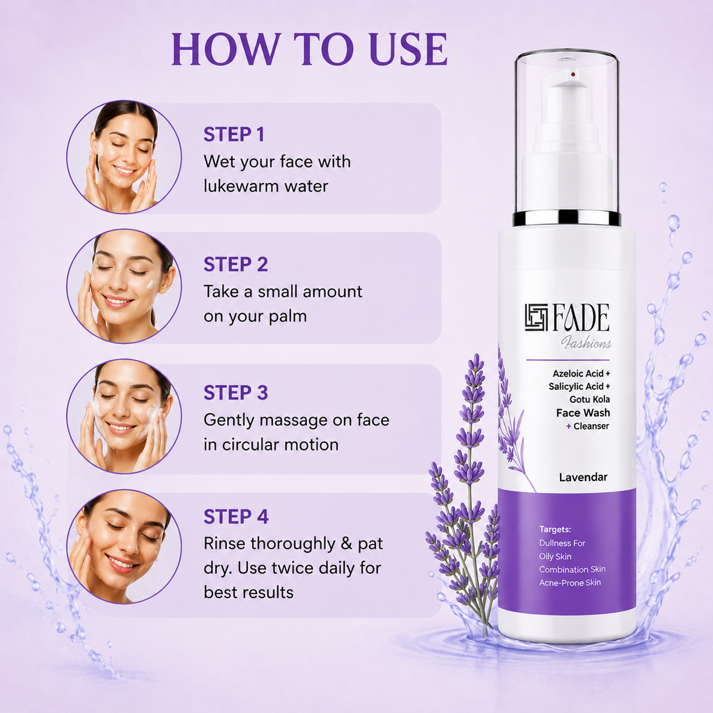 FADE FASHIONS 1% Azelaic Acid + 2% Salicylic Acid + 5% Gotu Kola Face Wash & Cleanser with Lavender | Oil Control & Deep Cleansing | For Men & Women