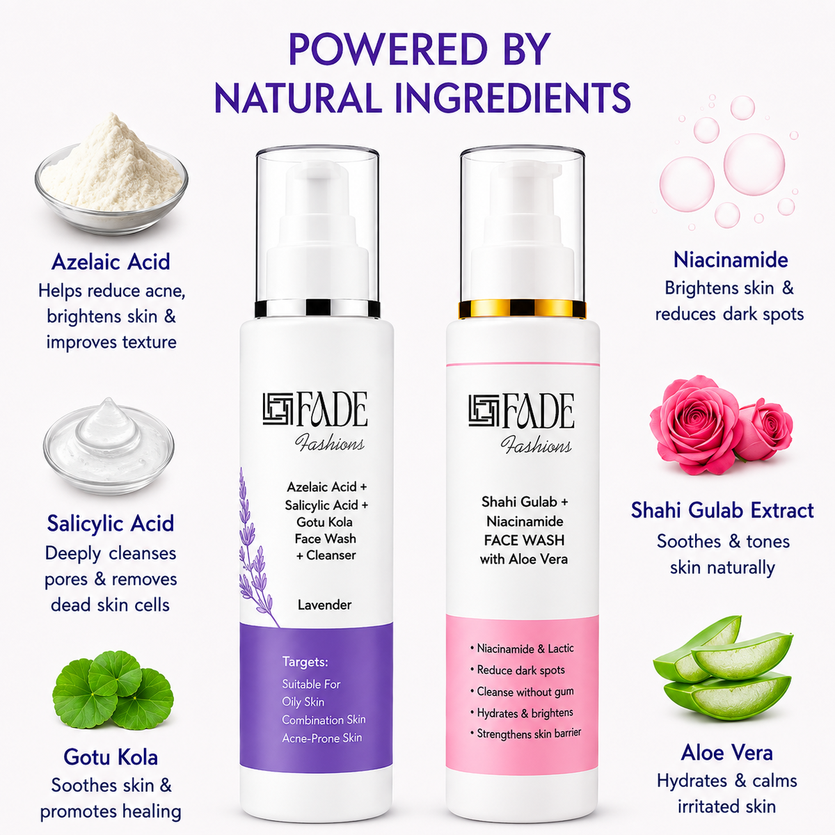 FADE FASHIONS Face Wash Combo | 1% Azelaic Acid + 2% Salicylic Acid + 5% Gotu Kola & Niacinamide + Hyaluronic Acid + Aloe Vera | Face Cleanser for Men & Women