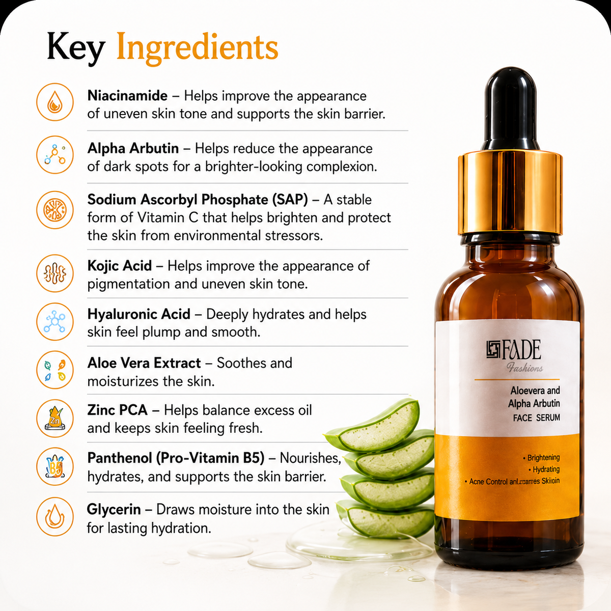 Fade Fashion 30 ml Face Serum with Vitamin C Serum, Niacinamide Serum & Hyaluronic Acid for Glowing Skin, Dark Spot Remover, Acne Marks, Anti Aging, Moisturizing Skincare for Women Men