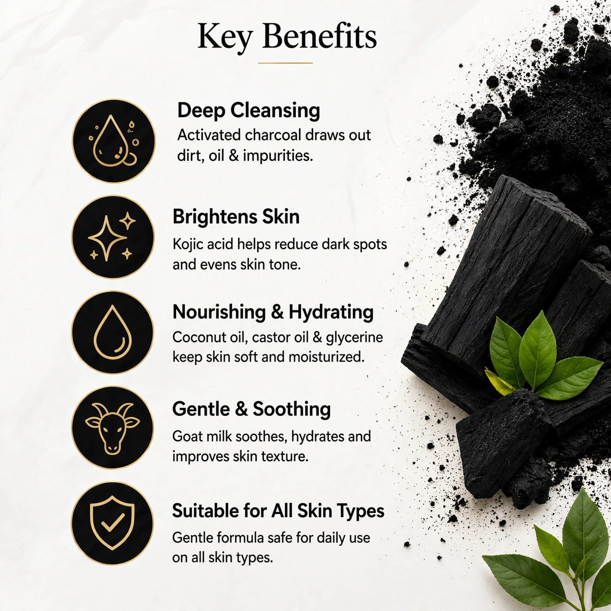 FADE FASHIONS Charcoal Soap with Goat Milk, Glycerin, Coconut Oil, Castor Oil & Kojic Acid | Cleansing & Skin Brightening Bath Soap | For Men & Women | 100 g