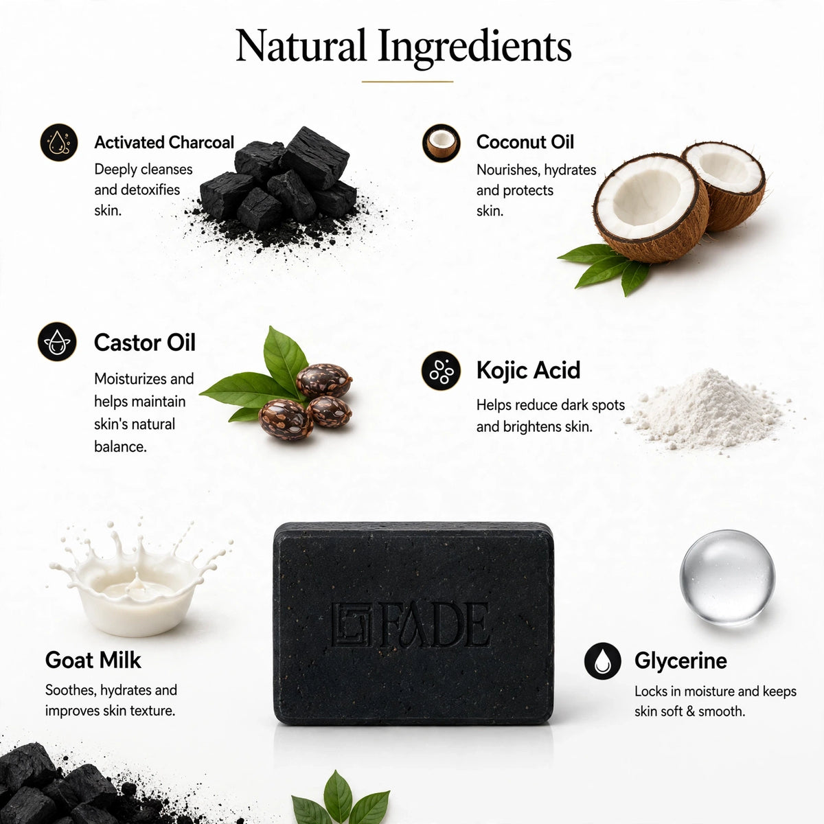 FADE FASHIONS Charcoal Soap with Goat Milk, Glycerin, Coconut Oil, Castor Oil & Kojic Acid | Cleansing & Skin Brightening Bath Soap | For Men & Women | 100 g